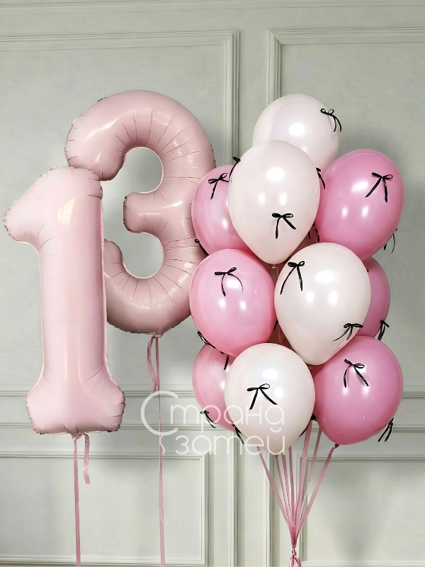 Сет шаров «Розовые бантики» для девочки: две цифры и фонтан из двойных шаров с бантиками, Нижний Новгород