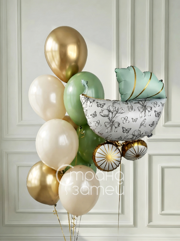 Сет шаров на выписку: мятная фигура коляска и фонтан из пастельных и хром шаров, Нижний Новгород
