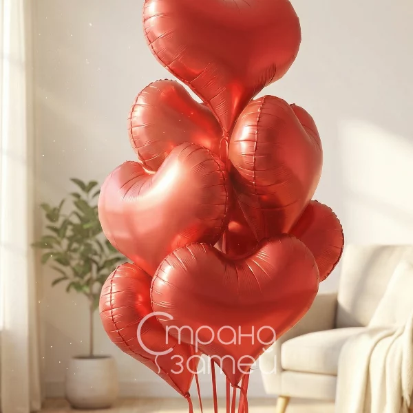 Фонтан «Семь сердец» — 7 алых фольгированных шаров‑сердец на лентах, Нижний Новгород