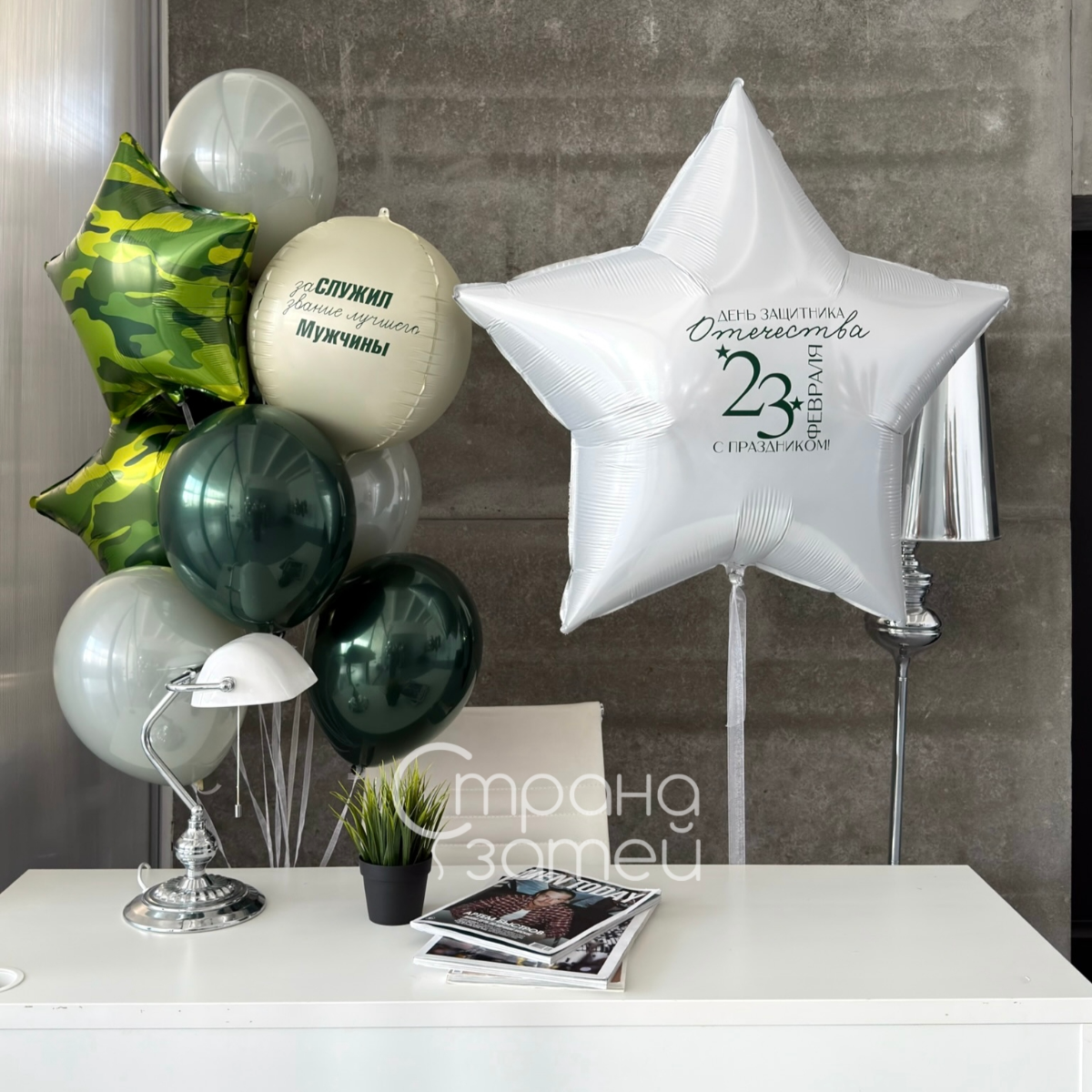 Сет шаров «Камуфляжный десант», звезда с надписью и камуфляжный фонтан на 23 февраля, Нижний Новгород