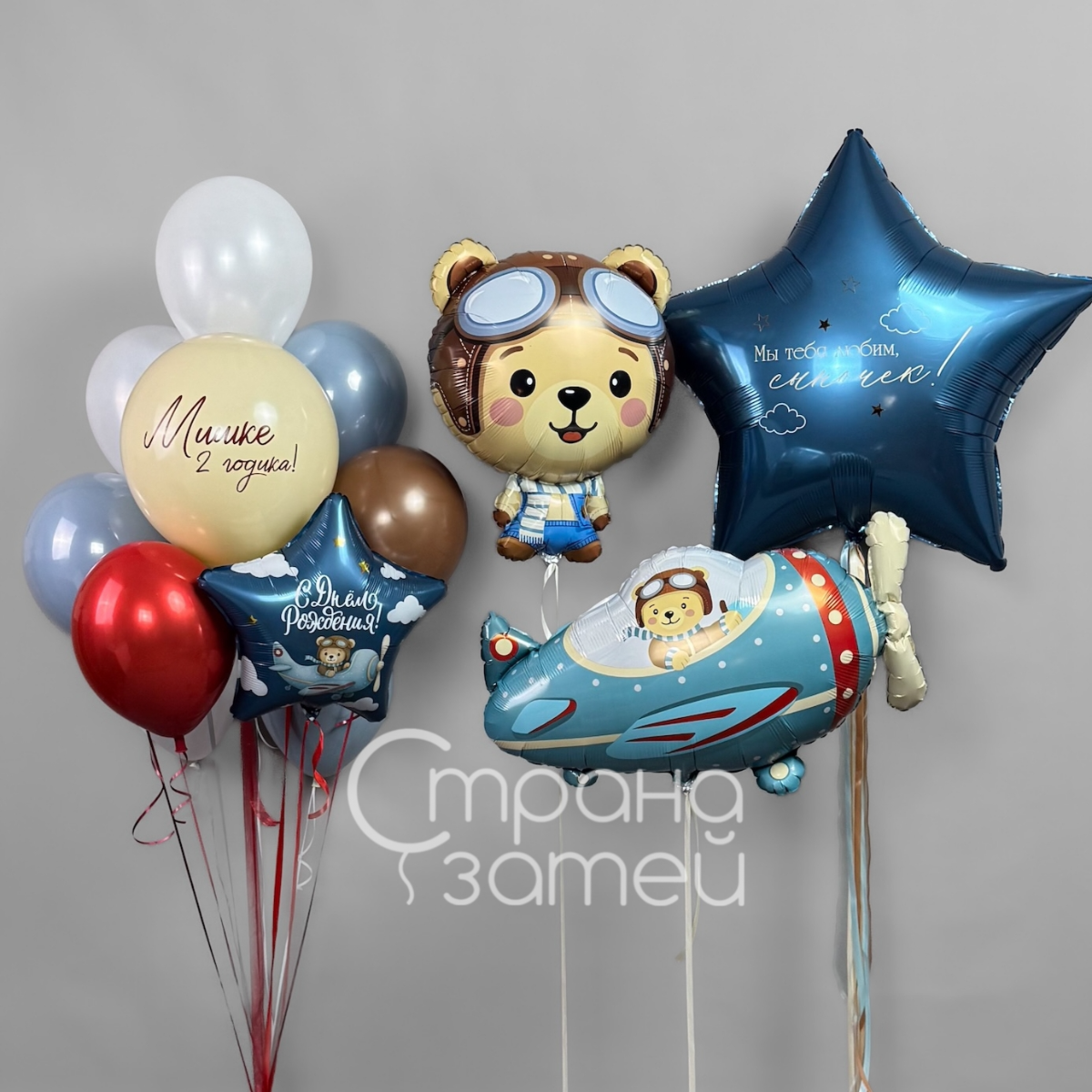 Сет шаров «Лётчик Мишка», день рождения мальчика, мишка-пилот и самолёт, Нижний Новгород
