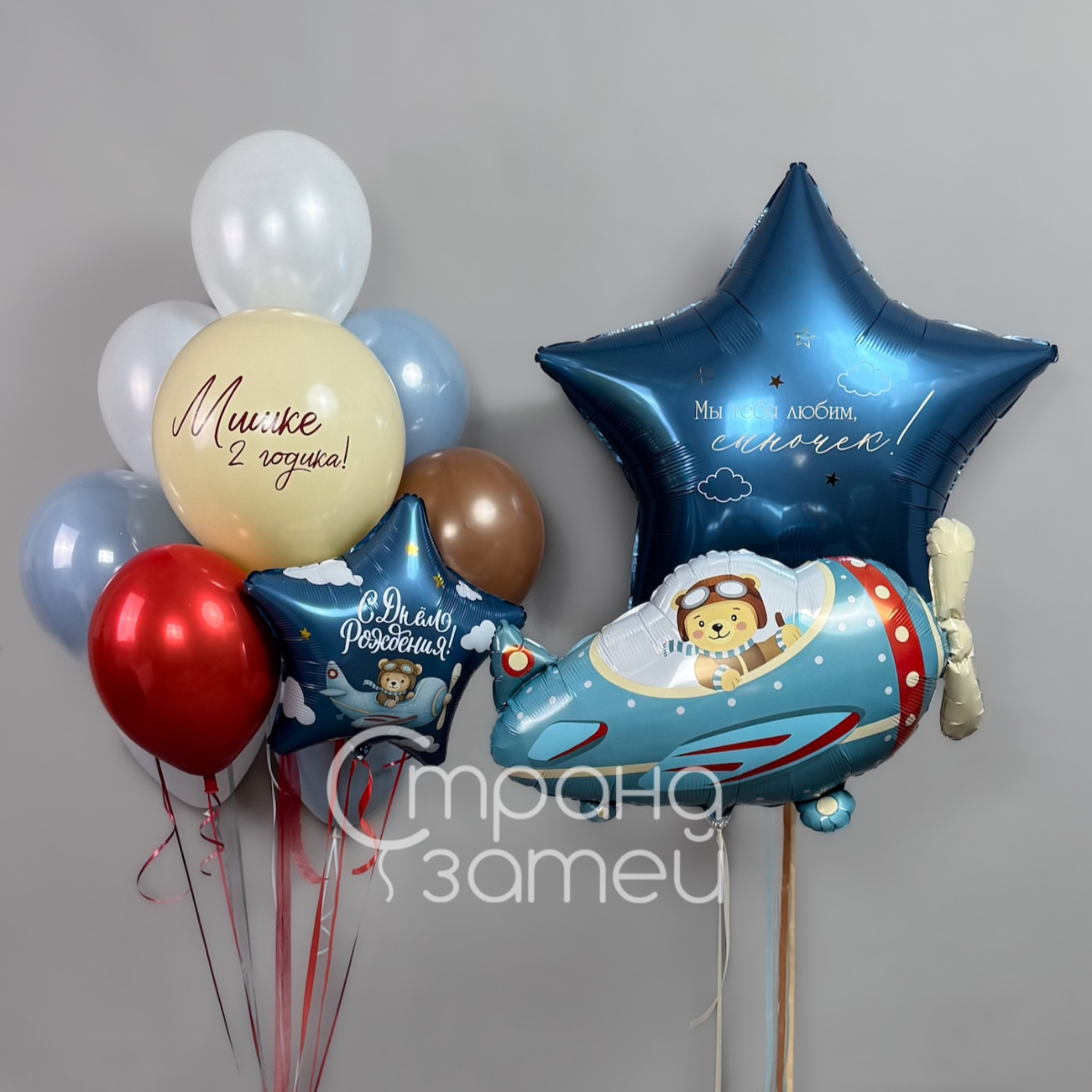 Сет шаров «Счастливый полёт», день рождения мальчика, самолёт с мишкой и звезда-гигант, Нижний Новгород