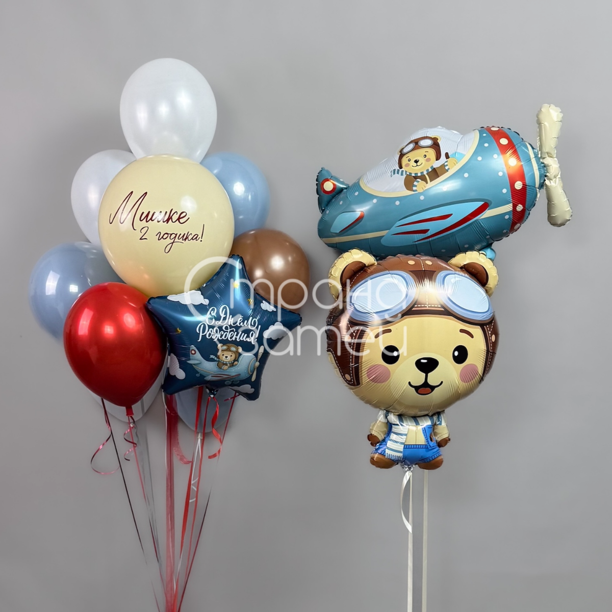 Сет шаров «Весёлый экипаж», день рождения мальчика, мишка-пилот и самолёт, Нижний Новгород