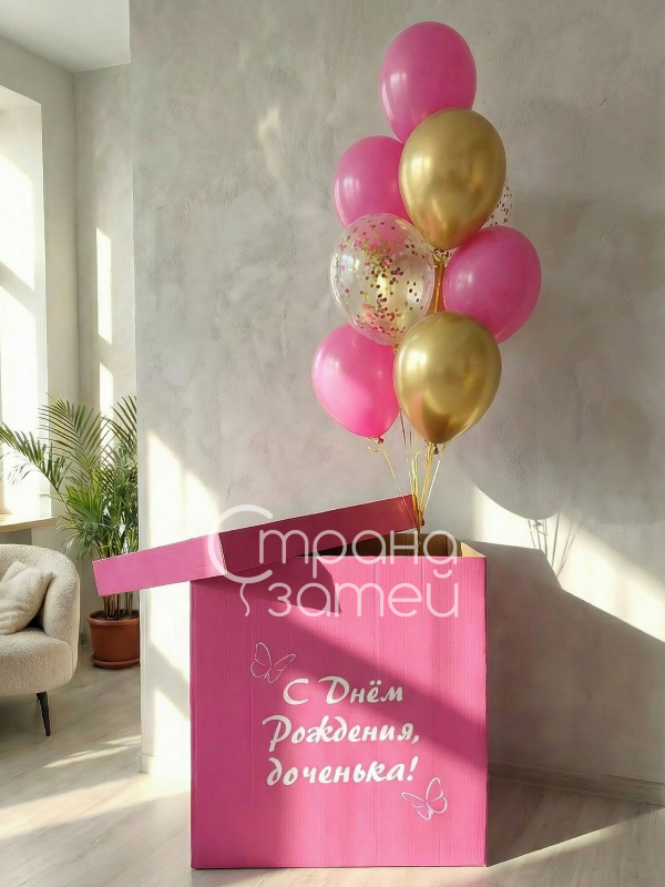 Сет шаров «Розовая коробка-сюрприз», розовая коробка с надписью и розово-золотой фонтан из шаров, для девочки или девушки, Нижний Новгород