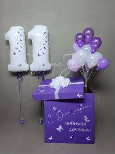 Сет шаров «Сиреневый сюрприз с бабочками», коробка-сюрприз, две цифры с рисунком и шарики в сиренево-белой гамме, для девочки, Нижний Новгород