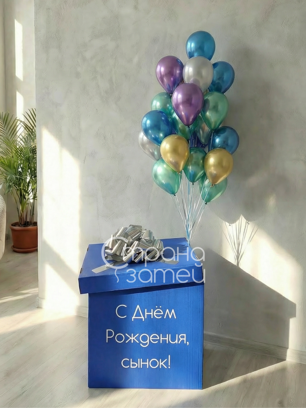Сет шаров «Сюрпризик», коробка-сюрприз с надписью и 20 хромовых шаров для мальчика, Нижний Новгород