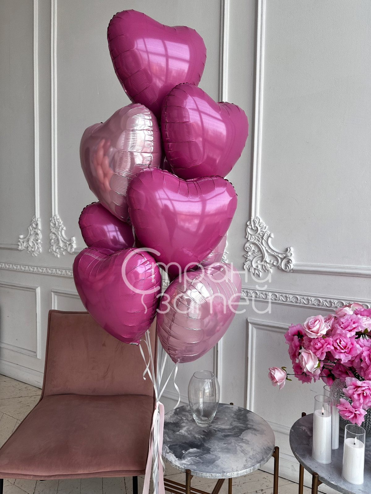 Сет шаров «Сердца для нее», фонтан из розовых сердец для девочки и девушки, 8 Марта, Нижний Новгород
