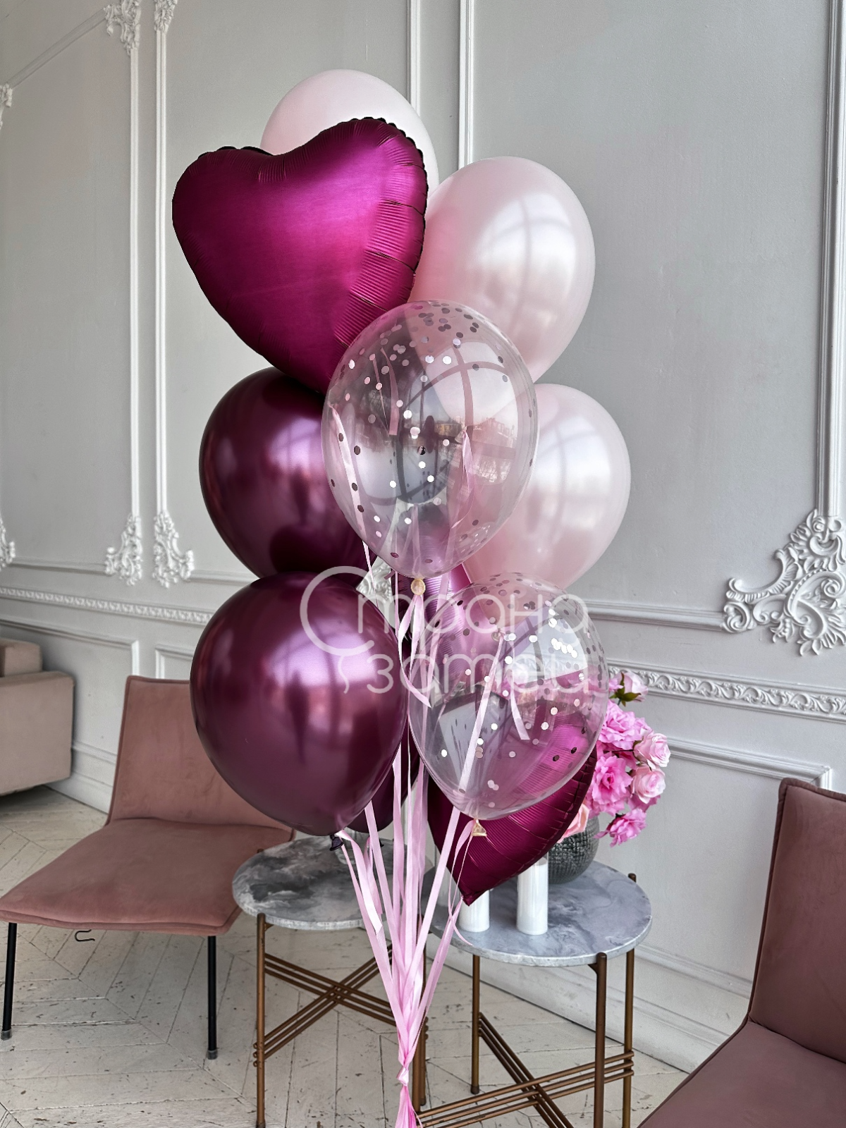 Сет шаров «Малиновый комплимент», малиновый фонтан из сердец и металлик для девушки, 8 Марта, Нижний Новгород