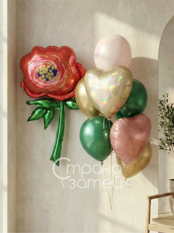 Сет шаров «Золотая роза», на 8 Марта и день рождения для неё, фигура красной розы и фонтан из сердец и шаров металлик, Нижний Новгород