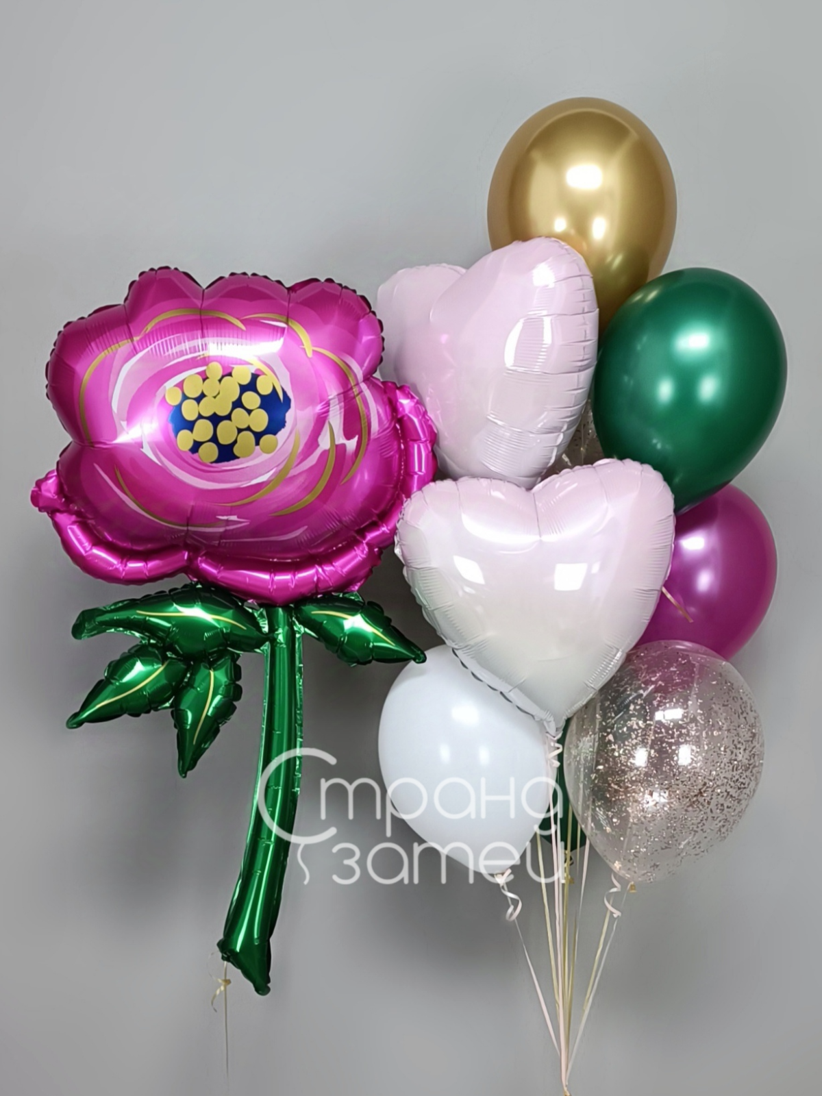 Сет шаров «Цветы в подарок», на 8 Марта и день рождения для неё, фольгированная роза и фонтан из сердец и шаров металлик, Нижний Новгород