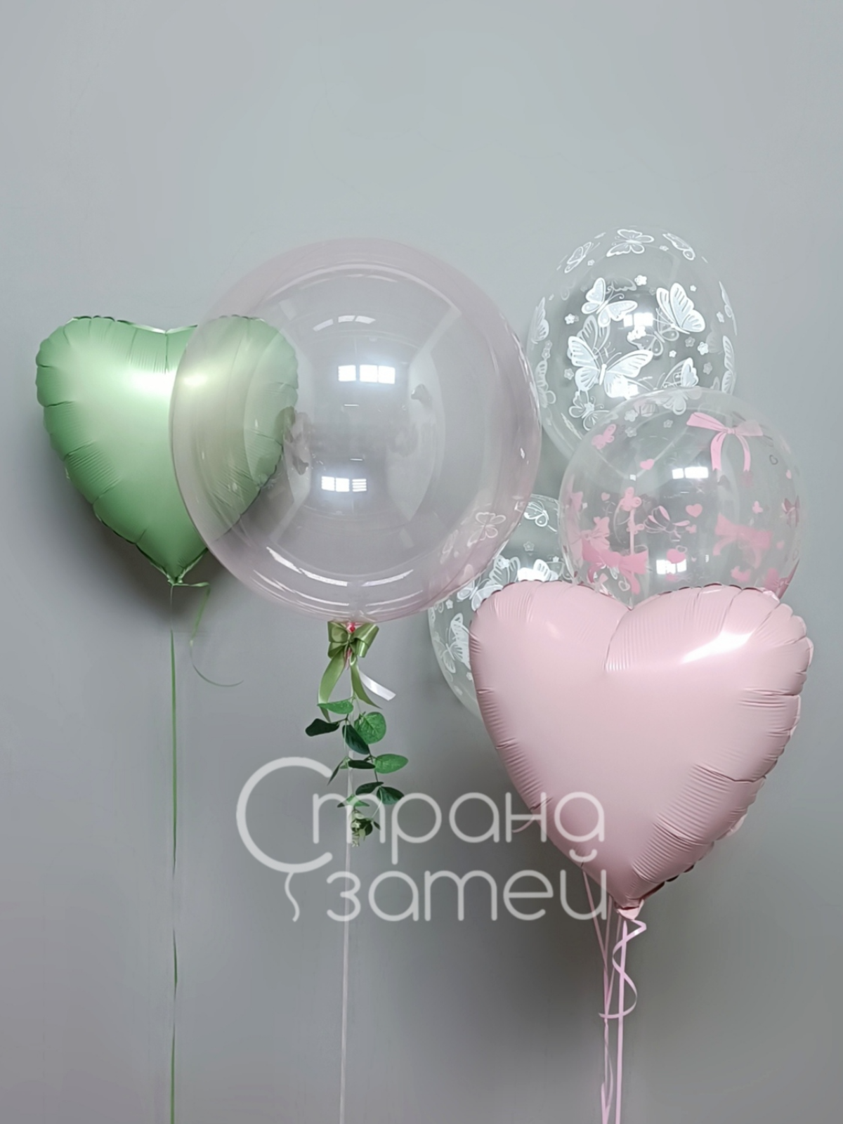 Сет шаров «Нежность», на 8 Марта и день рождения для неё и девочки, шар-баблс с листьями, сердца и кристалл-шары с рисунком, Нижний Новгород