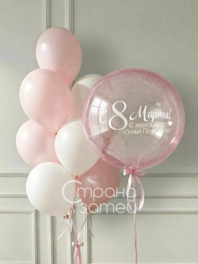 Сет шаров «Зефирное поздравление», на 8 Марта для неё, шар-баблс с конфетти и фонтан из пастельных шаров с бантиками, Нижний Новгород