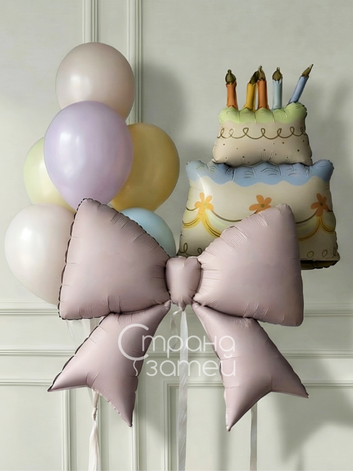 Сет шаров «Именинный бант», на день рождения для девочки и для неё, пастельный фонтан, фигуры бант и торт, Нижний Новгород
